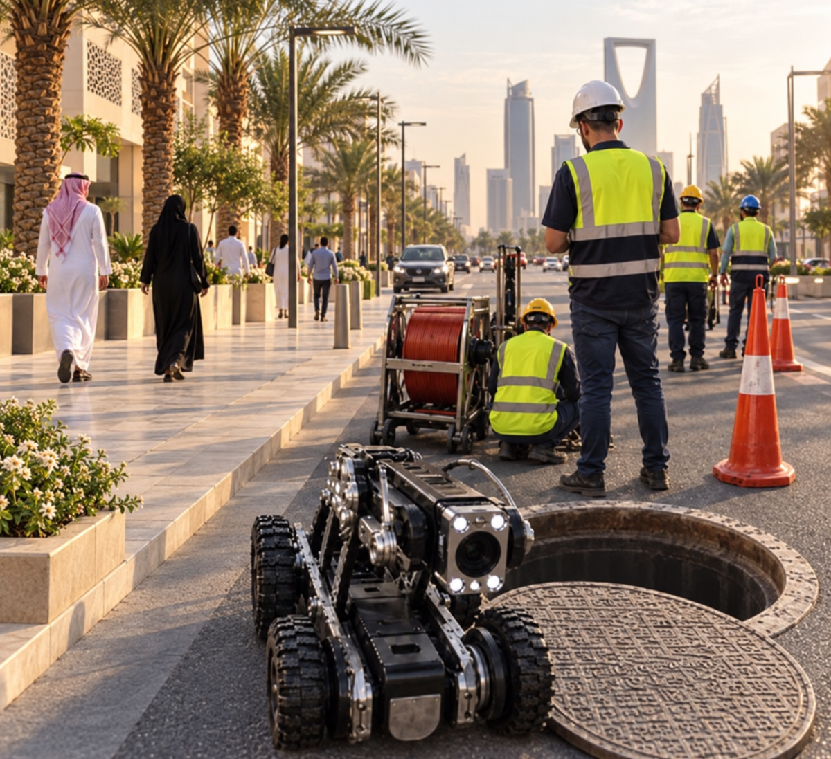 Field inspection team using a CCTV pipeline inspection robot